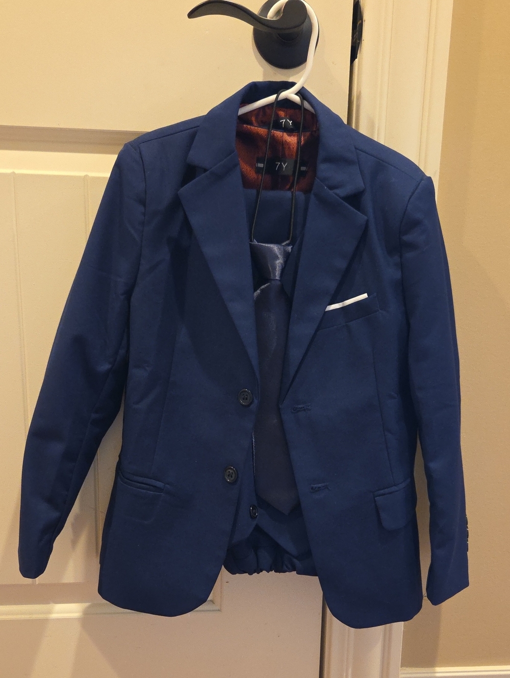 Boys Navy Blue Suit Jacket, Vest, Pants And Tie